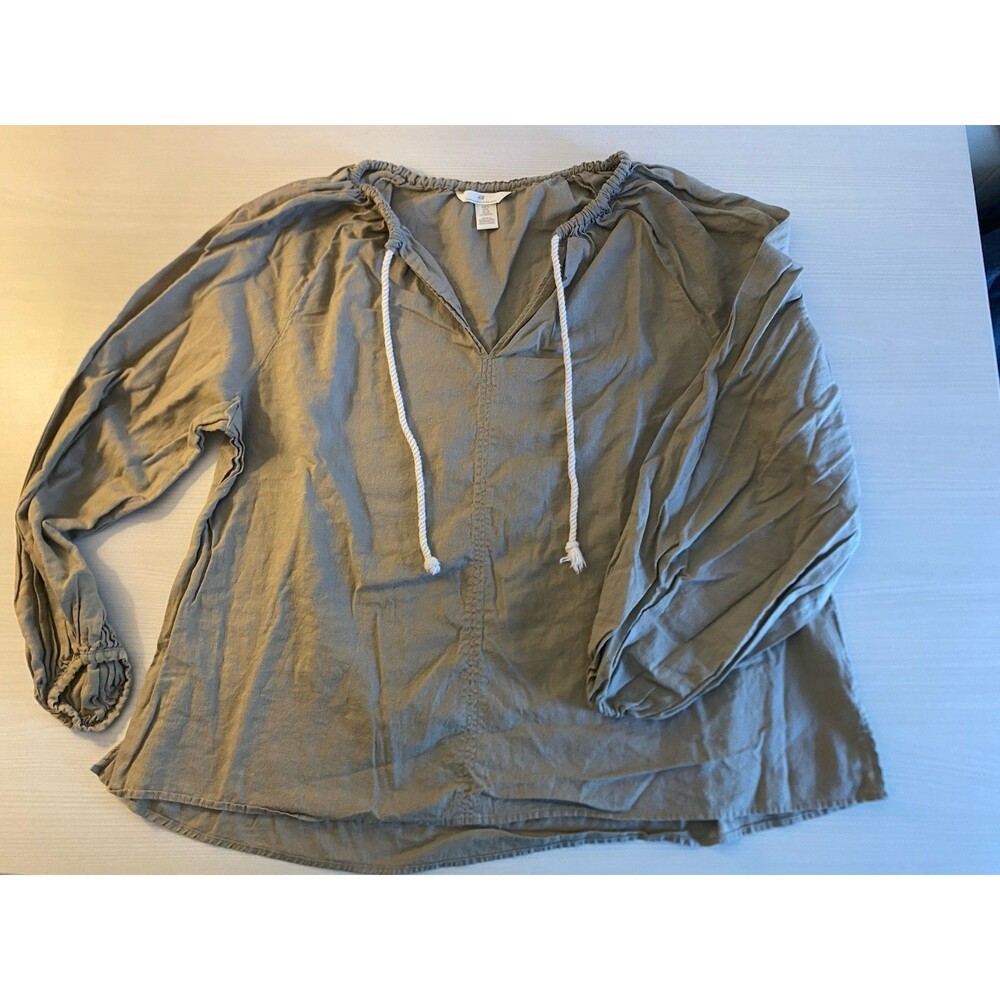 Linen Blend Peasant Top Size XL Tan Balloon Sleeve Lagenlook Neutral Top